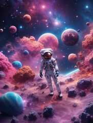 Unreal outer space scene with several planets, distant stars, multi-colored nebula and an astronaut wearing an Extravehicular Mobility Unit