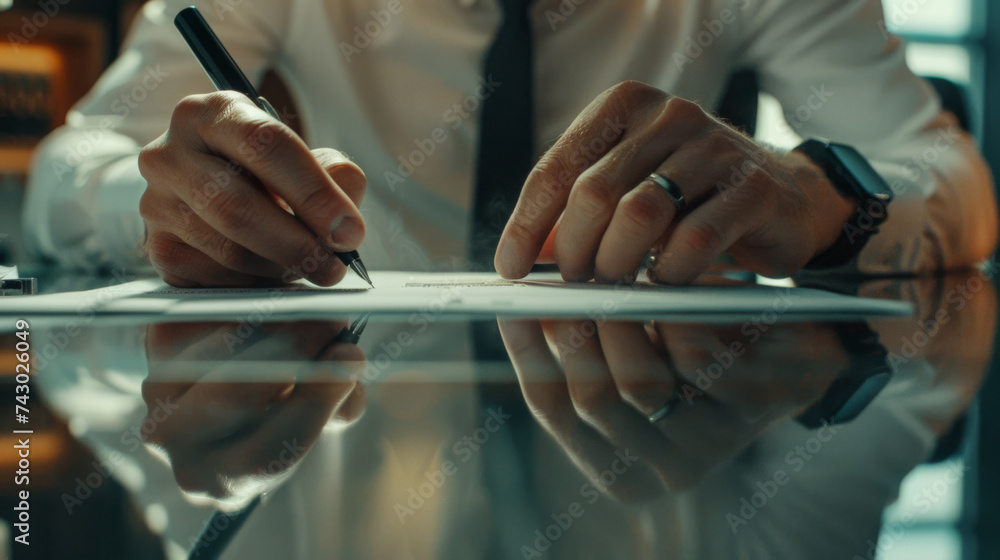 Poster a person is signing a document on a glass table, a close-up shot emphasizing the action of commitmen