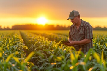 a farmer in a cap standing in a cornfield at sunset, looking intently at a tablet