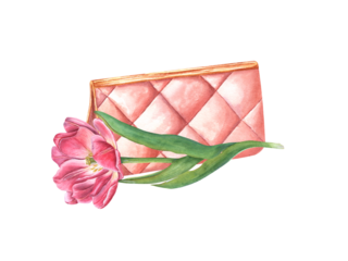 Pink double tulip and Lady bag. Spring flower and clutch. Small female handbag. Delicate blooming garden flower. Watercolor illustration for the design of postcards, greetings