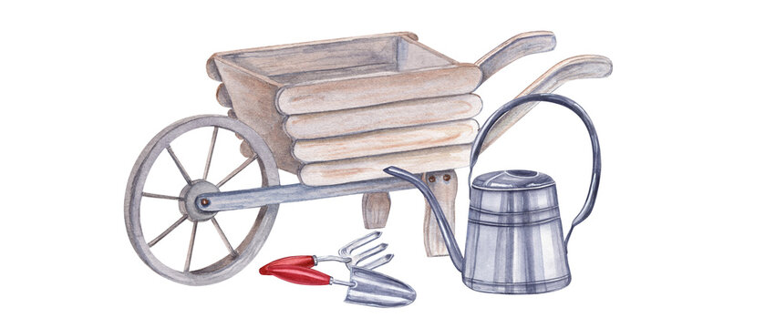 recommend clip art: Watercolor garden tools. Illustration isolated on white. Watering can, wheelbarrow, hand trowels, fork for flowering and gardening. Watercolor illustration for the design of books, magazines