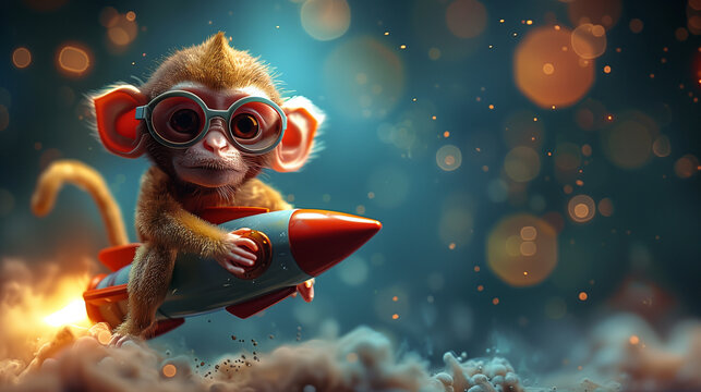Cute 3D Monkey Wearing Glasses and Riding a Rocket Blastoff with a Bokeh Background