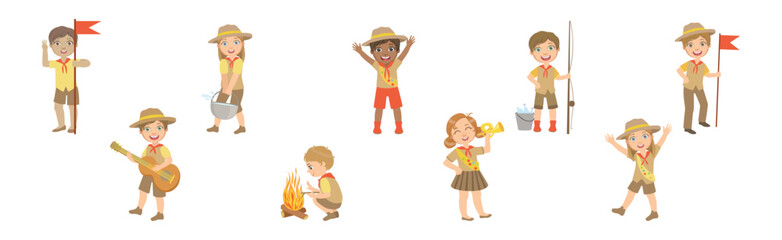 Happy Kid Scout Character in Khaki Uniform Vector Set