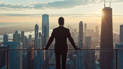 A man in a suit stands with his back to the camera, overlooking a vibrant city skyline at dusk.
