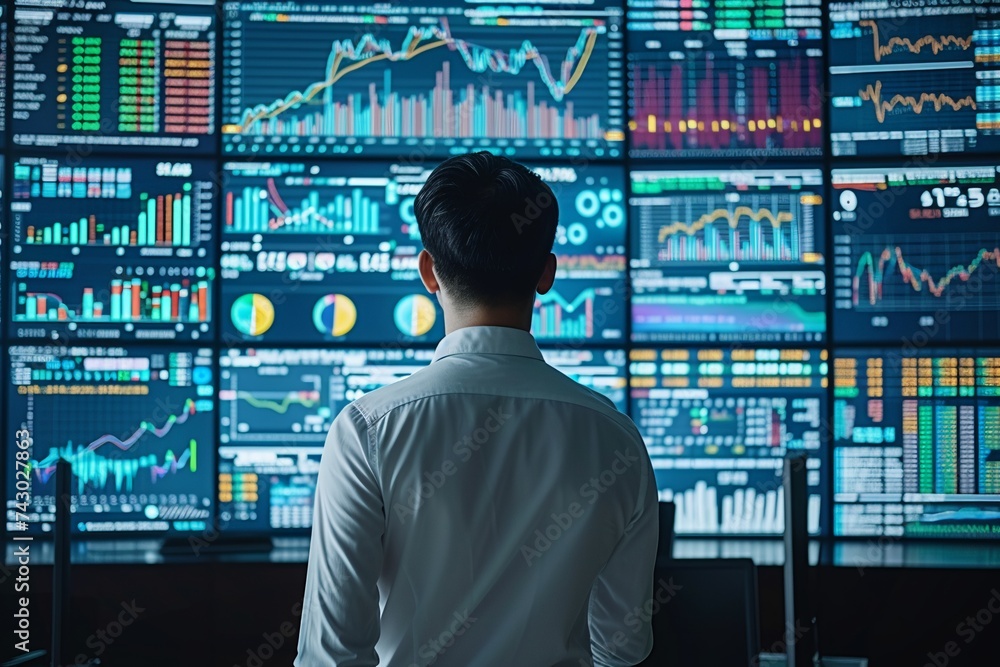 Poster a professional analyst gazing at massive screens displaying vibrant and dynamic financial data