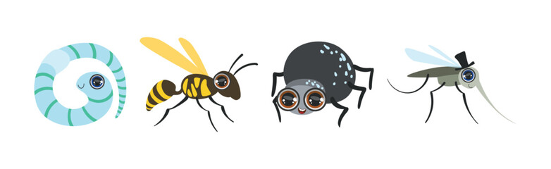 Funny Insect and Crawling Creature with Large Eyes Vector Set
