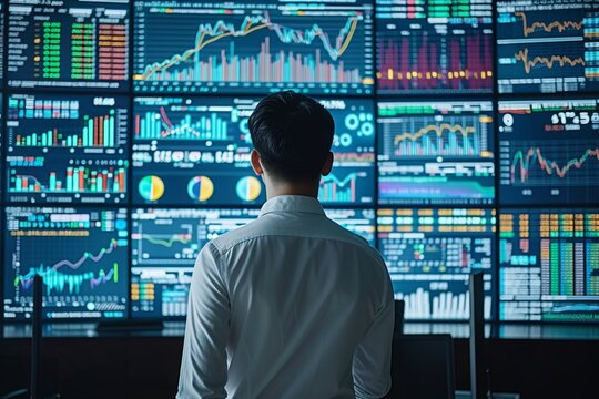 a professional analyst gazing at massive screens displaying vibrant and dynamic financial data