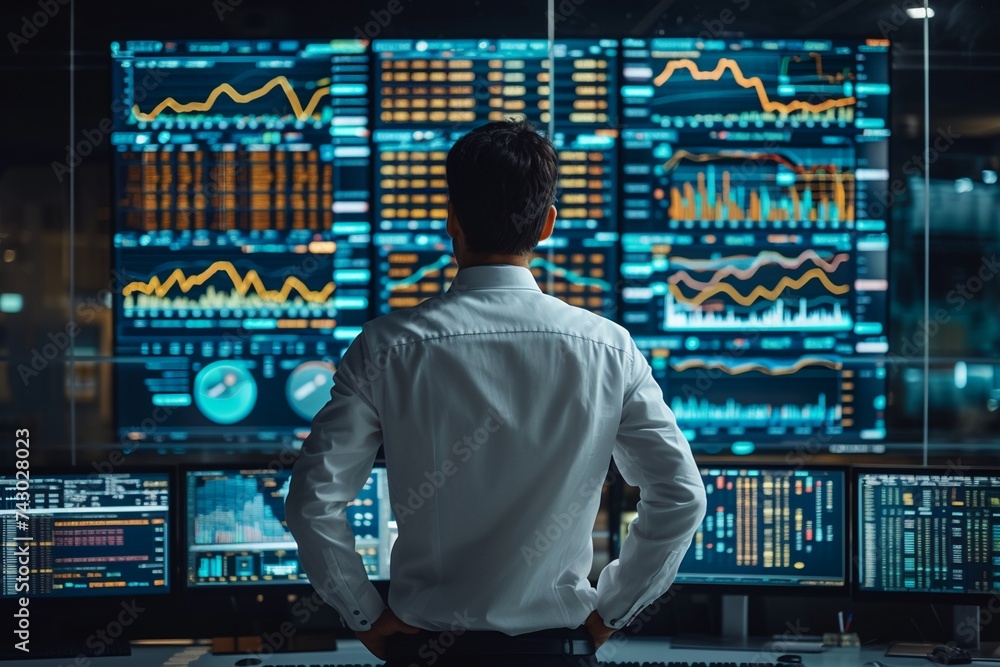 Poster a professional analyst gazing at massive screens displaying vibrant and dynamic financial data