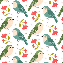 Birds. Seamless pattern with flowers and birds in flat style. Spring pattern for background, fabric, wrapping paper or any of your designs.