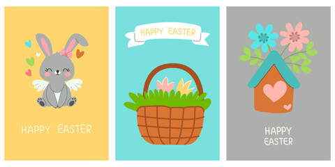 Fototapeta na wymiar Greeting cute cards for the Easter holiday. Rabbit, basket, feeder. For posters, cards, scrapbooking, stickers