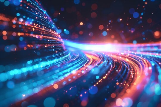 a digital landscape of glowing fiber optic cables twisting and turning with intense bokeh effects