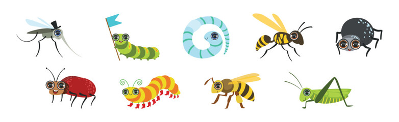 Funny Insect and Crawling Creature with Large Eyes Vector Set