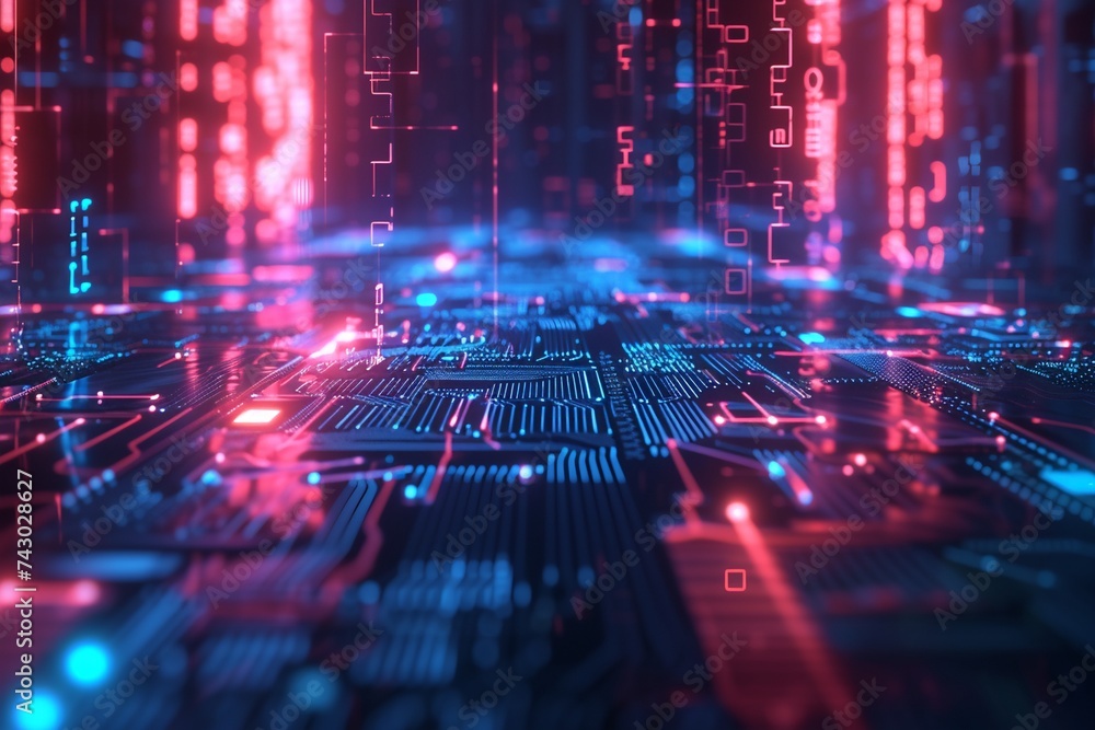 Aufkleber futuristic data stream visualization with glowing blue and red neon lights on a circuit board