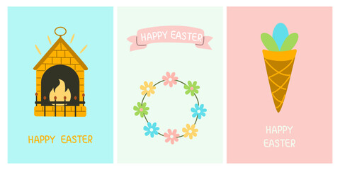 Greeting cute cards for the Easter holiday. Ice cream, fireplace, wreath of flowers. For posters, cards, scrapbooking, stickers