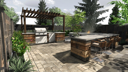 A modern outdoor kitchen with a grill and bar seating for entertaining drawings, coziness and comfort, love and well-being - Powered by Adobe