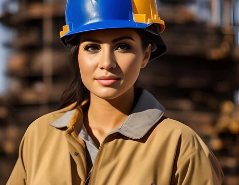  A female construction worker in a hardhat at a construction site 