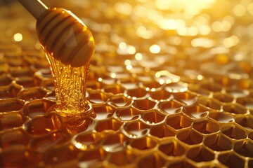 a highly detailed honeycomb filled with golden honey - obrazy, fototapety, plakaty
