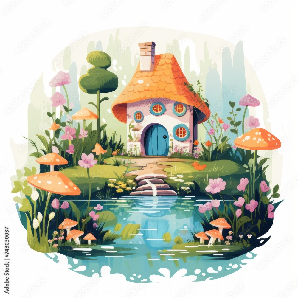 Poster Generative AI A charming fairytale dwelling showcasing a tiny pond and a blossoming garden.