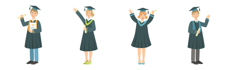 Graduated Man and Woman Students in Gown and Hat with Diploma Vector Set