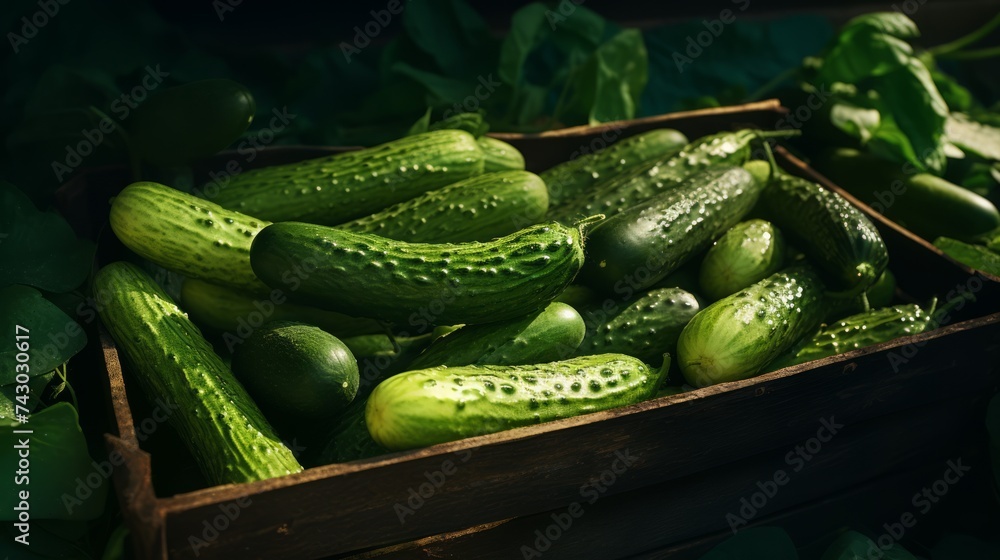 Poster A close-up realistic photo of a box overflowing with freshly picked green cucumbers Generative AI