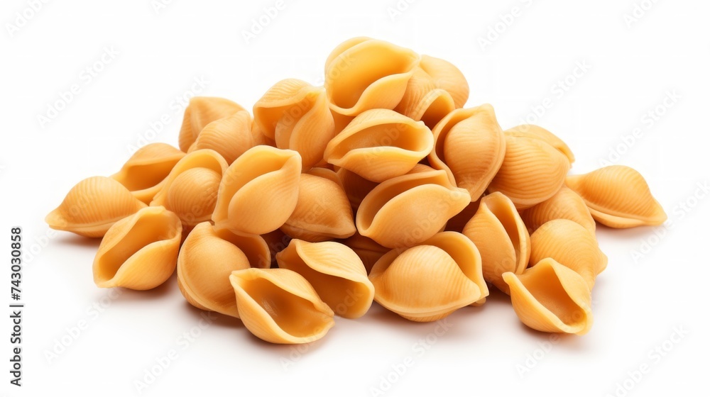 Poster a close-up realistic photo of a heap of orecchiette pasta on a white background generative ai