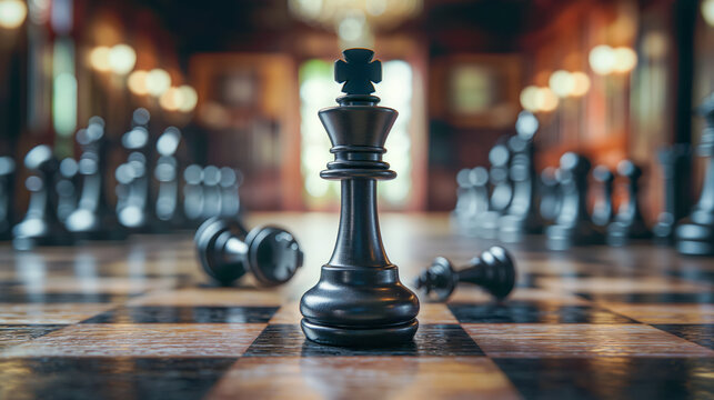 Chess king piece standing triumphant against fallen rivals - Monopoly brand dominance business strategy and Market penetration 