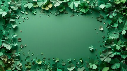 Frame top border made of four leaf clover paper cut and confetti on green background