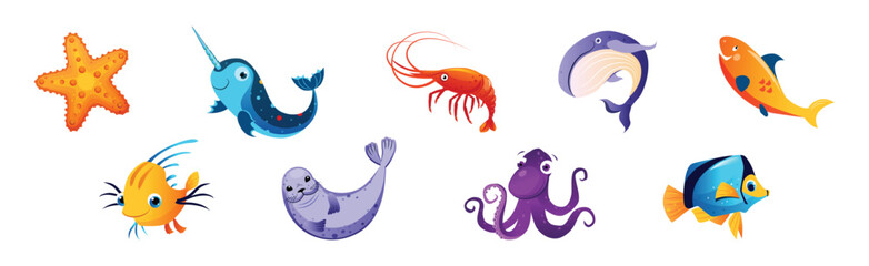 Fototapeta premium Cute Sea Animals and Marine Creature Floating in Ocean Vector Set