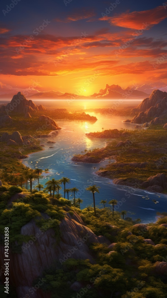 Aufkleber generative ai a mesmerizing drone's view of tropical islands with palm-fringed shores, bathed in the