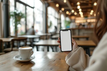a person sitting at a cafe table, holding a smartphone with a blank screen in their hand - obrazy, fototapety, plakaty