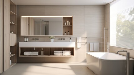 Fototapeta na wymiar Generative AI A minimalist bathroom design with clean lines, monochrome palette, and recessed storage.
