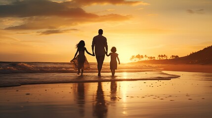 Father and children playing on the beach at the sunset time. Concept of friendly family