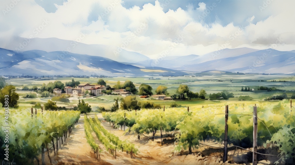 Poster Generative AI A picturesque vineyard with rows of grapevines and hills in the backdrop. landscape watercolor