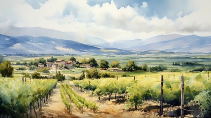 Fototapeta na wymiar Generative AI A picturesque vineyard with rows of grapevines and hills in the backdrop. landscape watercolor