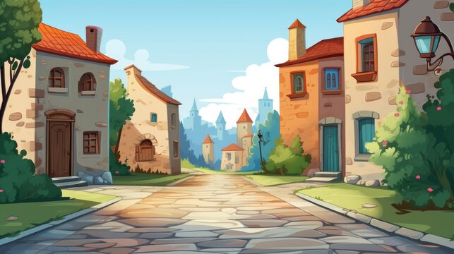 Generative AI A rustic, old-town European village with cobblestone streets. vector cartoon graphic