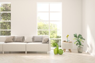 Fototapeta premium Contemporary classic white interior with furniture and decor and summer landscape in window. Scandinavian interior design. 3D illustration