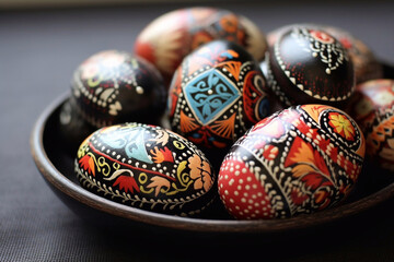 Fototapeta na wymiar Ukrainian Easter eggs in a plate on the table. Easter ornament.