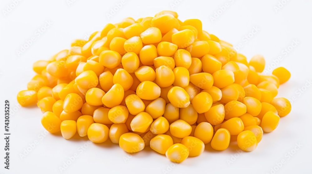 Poster A small heap of corn kernels captured in a close-up realistic photo against a white background Generative AI