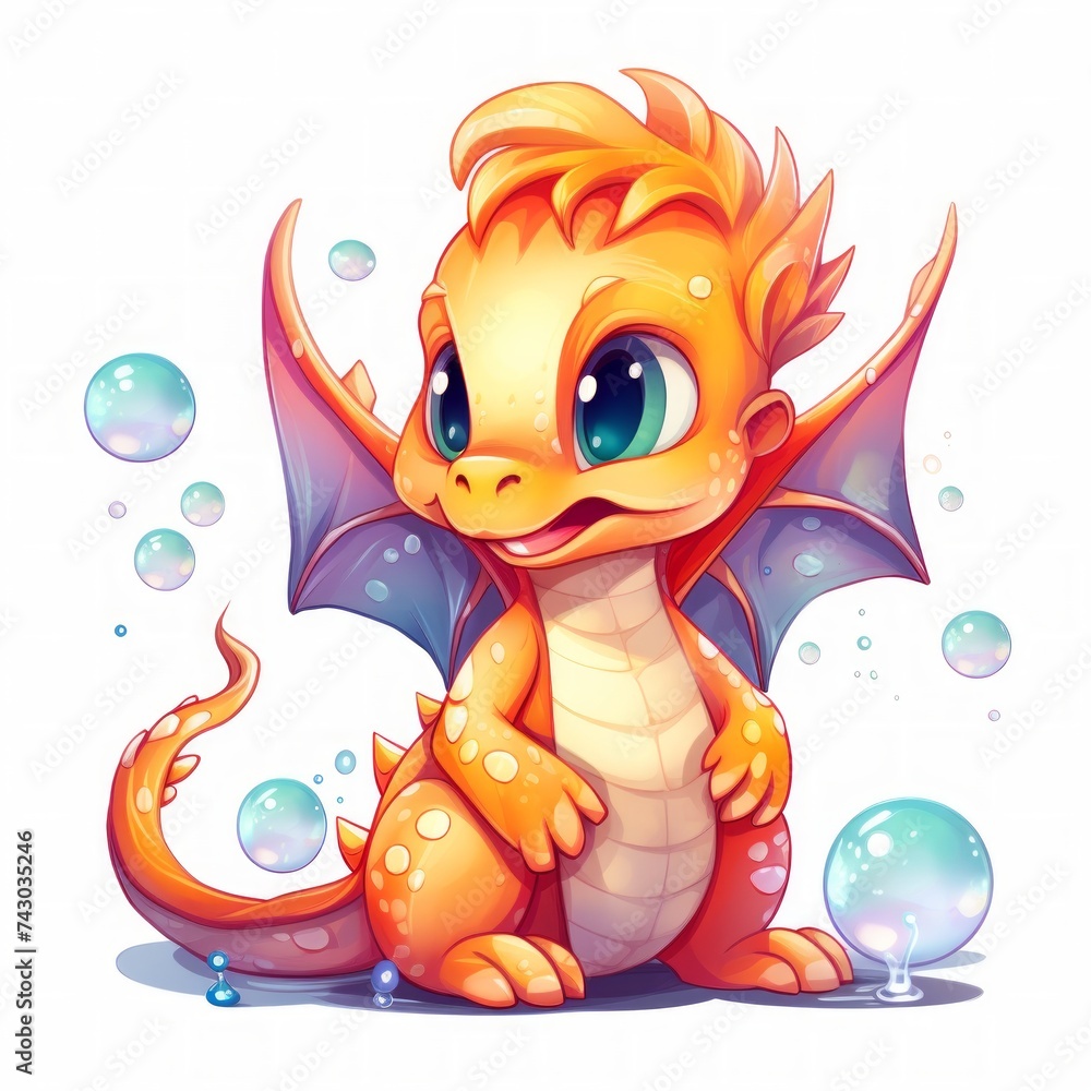 Aufkleber Generative AI A small dragonling blowing bubbles of fire while wearing a curious expression.