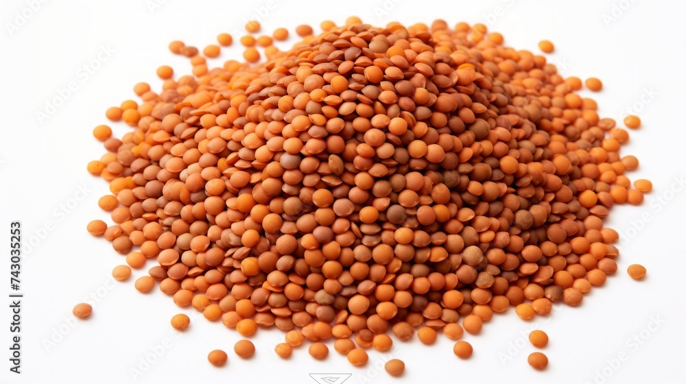 Poster A small heap of lentils captured in a close-up realistic photo against a white background Generative AI