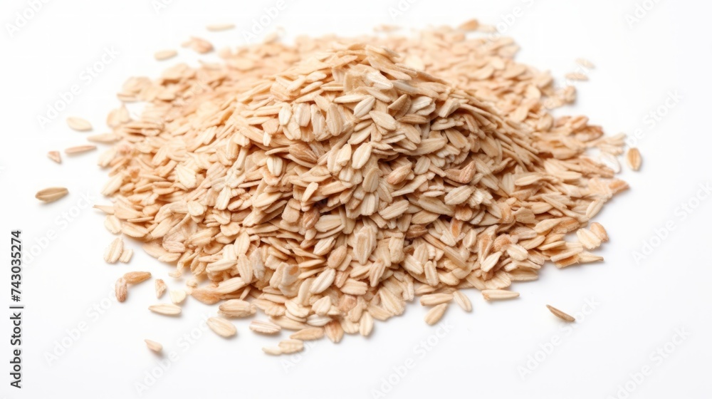Poster A small heap of spelt flakes captured in a close-up realistic photo against a white background Generative AI