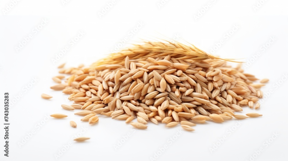 Poster a small pile of barley grains showcased in a close-up realistic photo against a white background gen