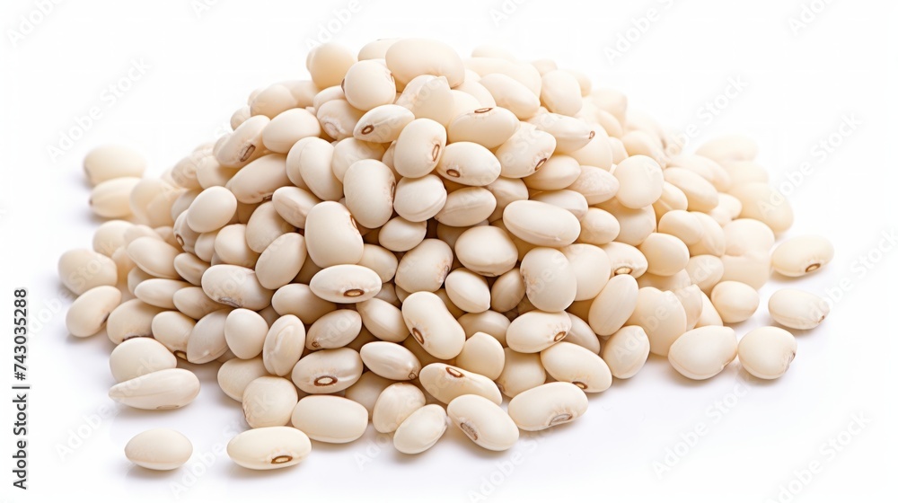 Poster a small pile of navy beans showcased in a close-up realistic photo against a white background genera