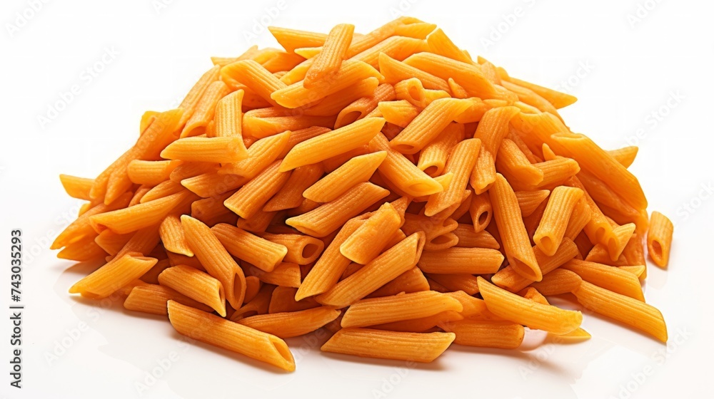 Poster a small mound of penne rigate pasta captured in a close-up realistic photo against a white backgroun