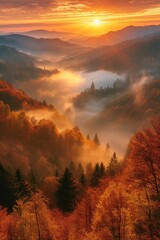 Sunrise over foggy autumn hills