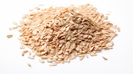 A small heap of spelt flakes captured in a close-up realistic photo against a white background Generative AI