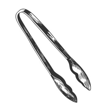 recommend clip art: Kitchen tongs isolated on white background. Sketch style tongs for turning food. Engraving vector illustration. Barbecue tool