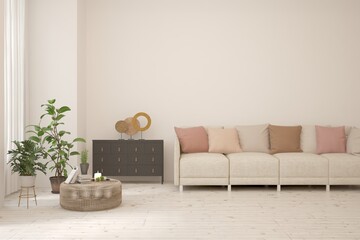 Modern minimalist interior with sofa on empty white color wall background. Interior mockup. Scandinavian interior design. 3D illustration