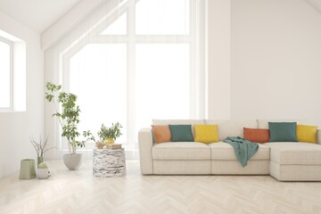 White living room with sofa. Scandinavian interior design. 3D illustration