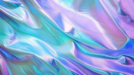 Holographic real texture in blue pink green colors with scratches and irregularities. Holographic color wrinkled foil. Holographic rainbow foil abstract background